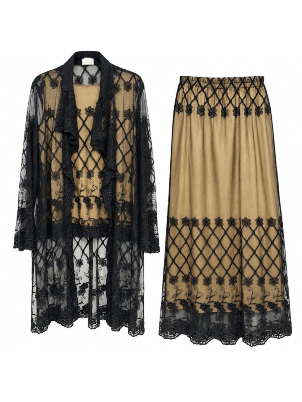 Vtg IC Collection Skirt Cardigan Top Set Medium Black Floral Embroidered Lace